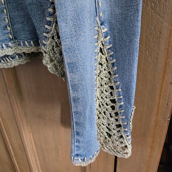 Y2K Denim Jean Jacket Crochet Trim Applique Size 11 Boho Fairy Grunge Stretch - Picture 12 of 13